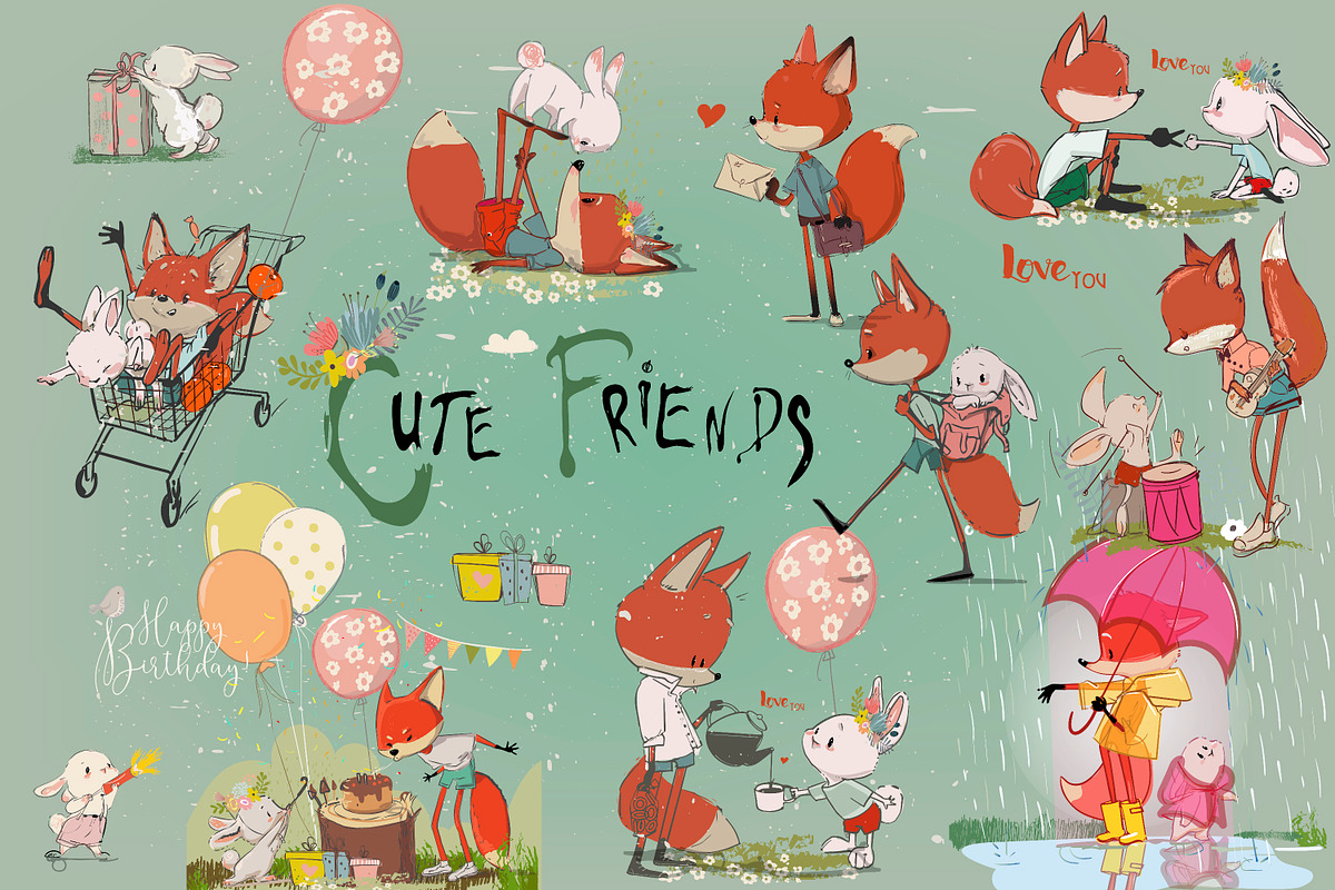Fox and Hare vector set, an Illustration by Eve Farb (Photo 1 of 3)