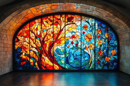 A vibrant stained glass window featuring a colorful design of swirling leaves a, a Person Photo by Textures & Backgrounds