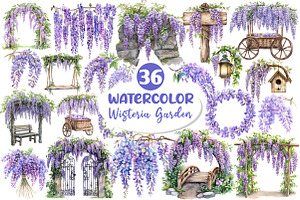 Watercolor Wisteria Garden Clipart, an Illustration by Dream Creation