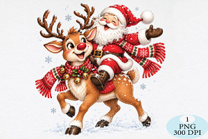 Santa Riding Reindeer Christmas PNG