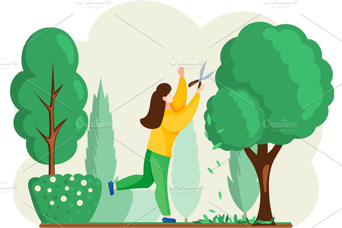 Gardener works in garden woman with, an Object Illustration by TopVector