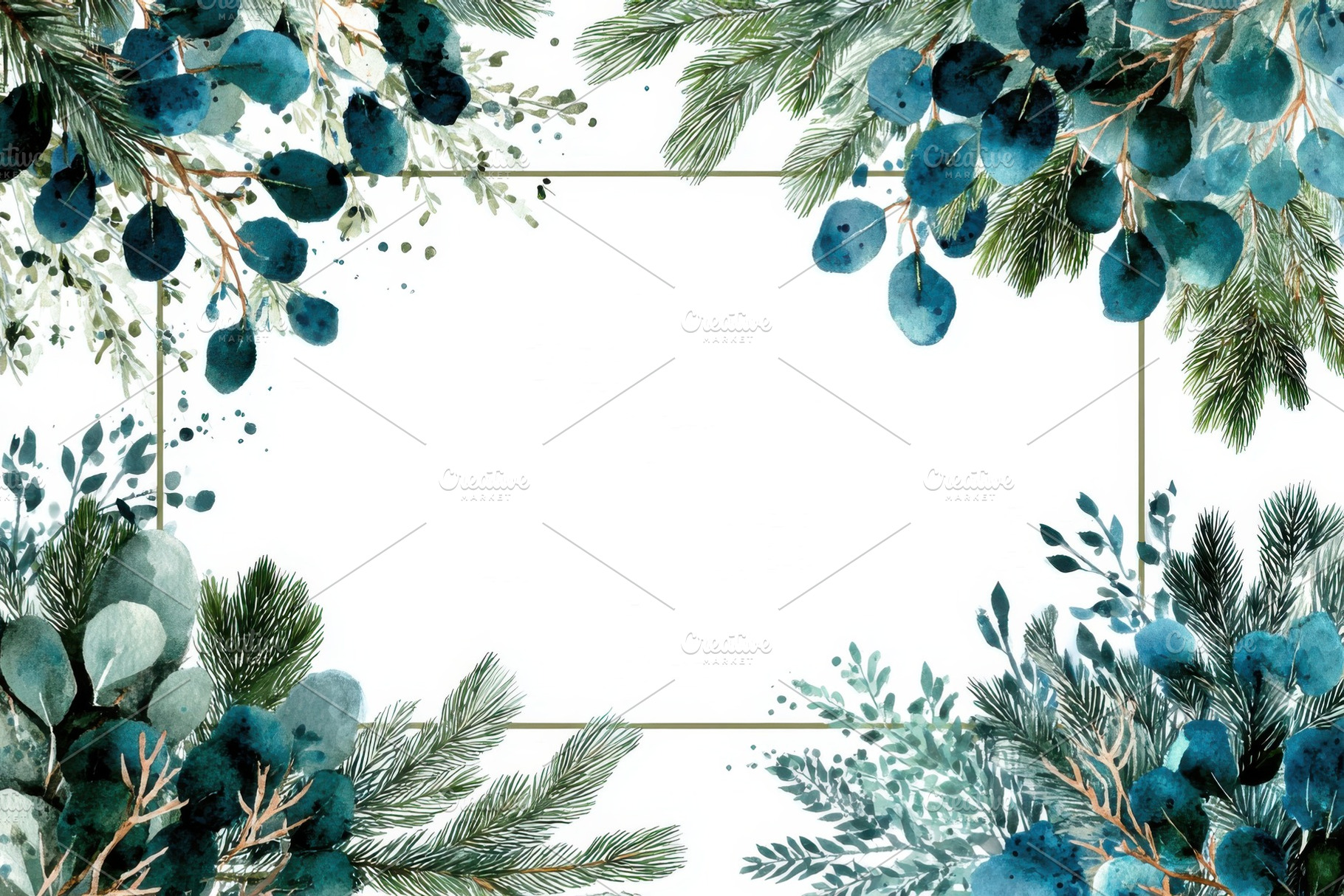 Watercolor winter floral frame teal, a Photo by Pixeness Studio