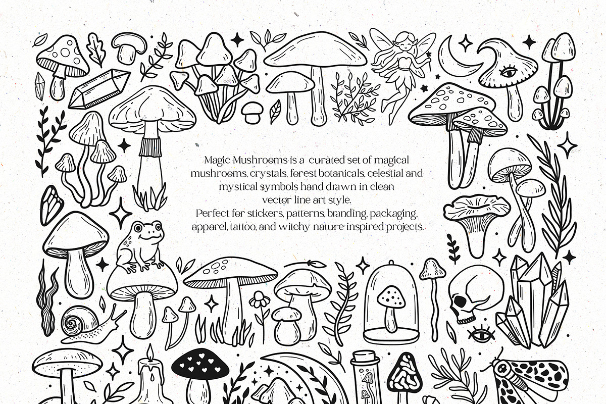 Magic mushrooms line art, a Food Illustration by harmonia_green_art (Photo 2 of 11)