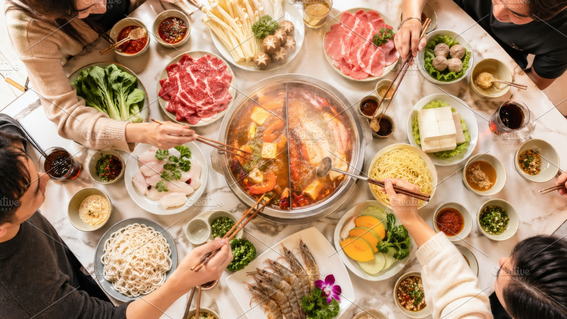 Hot pot party with various ingredien, a Photo by Dvoevnore photos