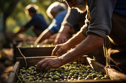A group of elderly men harvesting olives in a sunlit grove. They are carefully, a Food & Drink Photo by Textures & Backgrounds