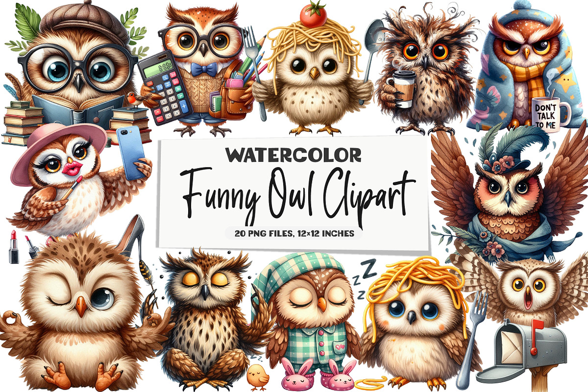 Watercolor Funny Owl Clipart, an Illustration by DreamArtGraphic (Photo 1 of 5)