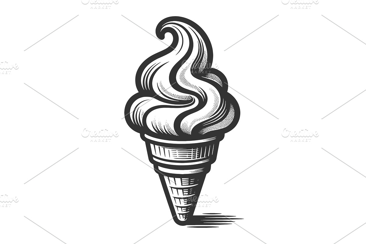 Ice Cream Cone engraving sketch, a Food Illustration by AlexArt