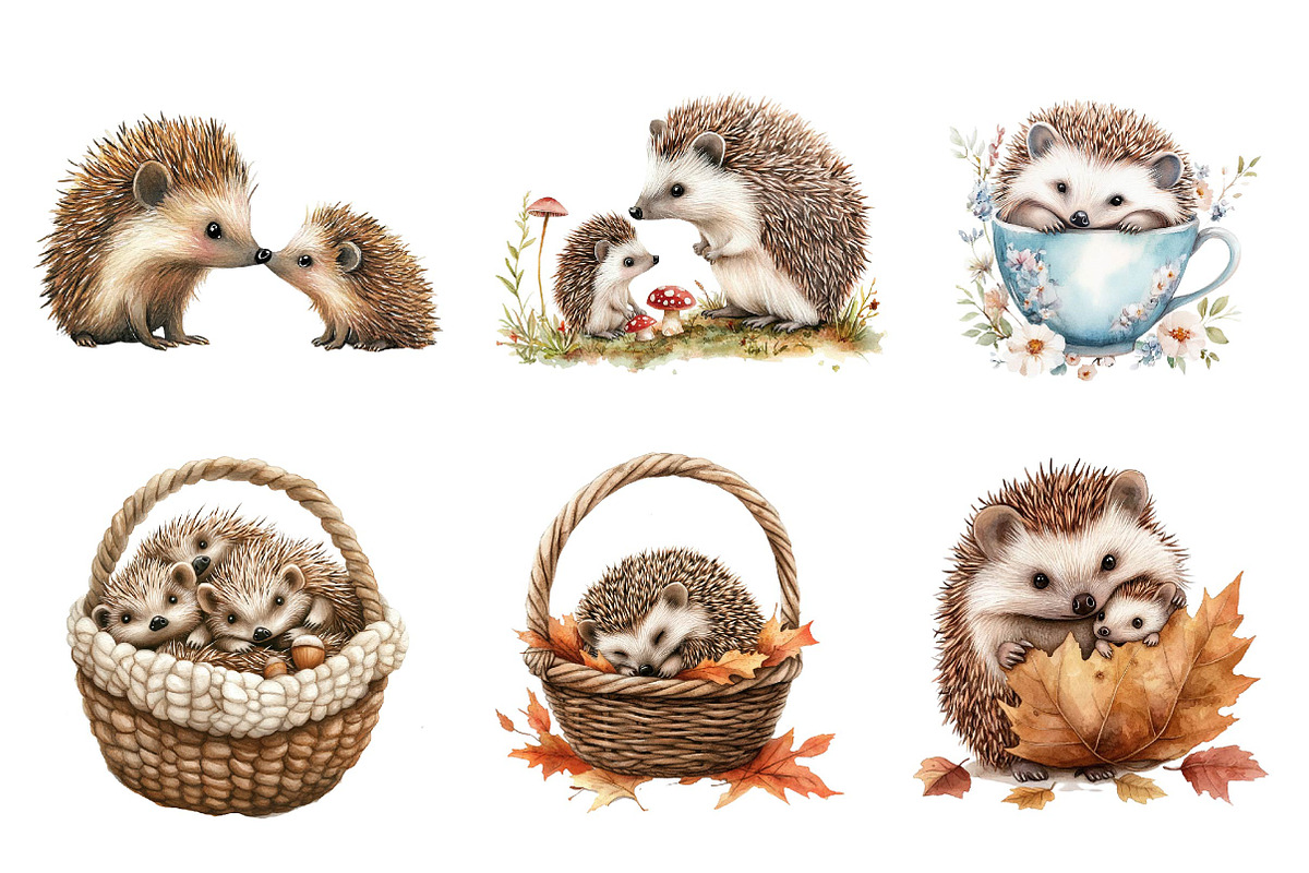 Watercolor Hedgehog & Hoglet Clipart, an Illustration by CreationArt (Photo 4 of 5)