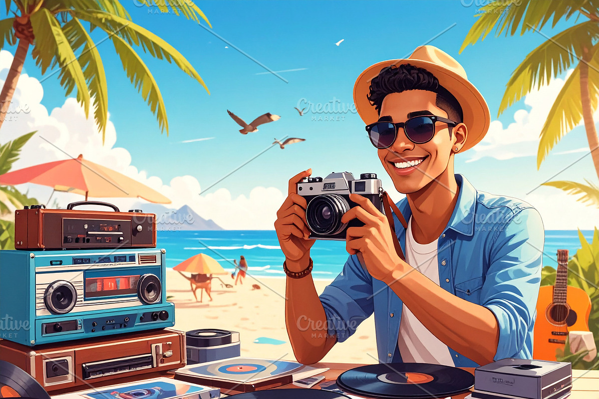 Young person captures memories using a classic film camera surro, a Person Illustration by DanFLCreativo