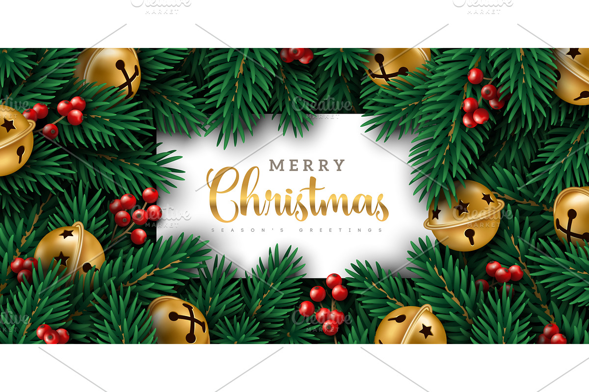 Gold jingle bells fir tree banner, an Illustration by kotoffei