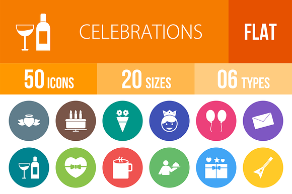 50 Celebrations Flat Round Icons