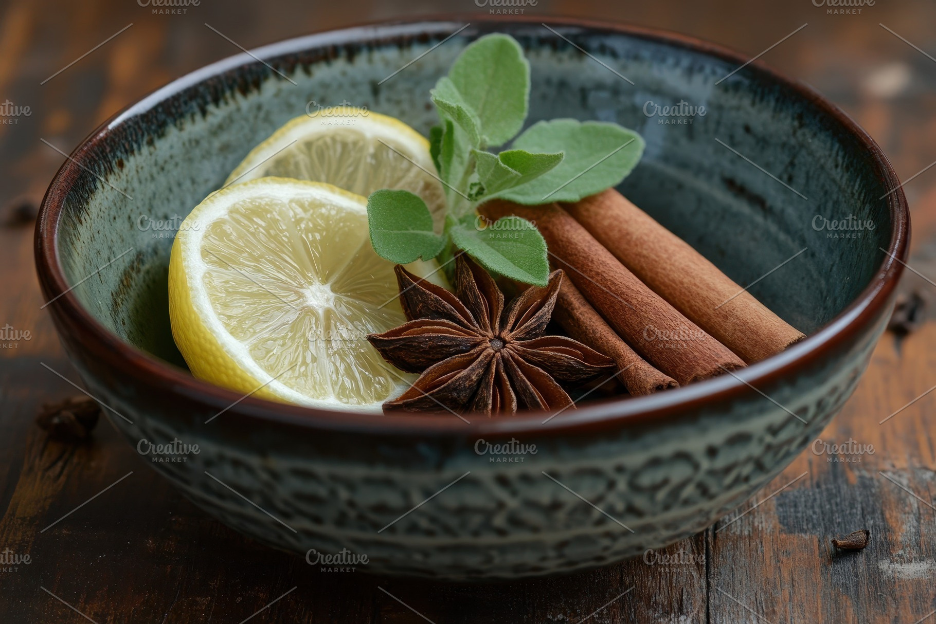 Warm spiced beverage in a dark bowl, a Photo by Pavel_design