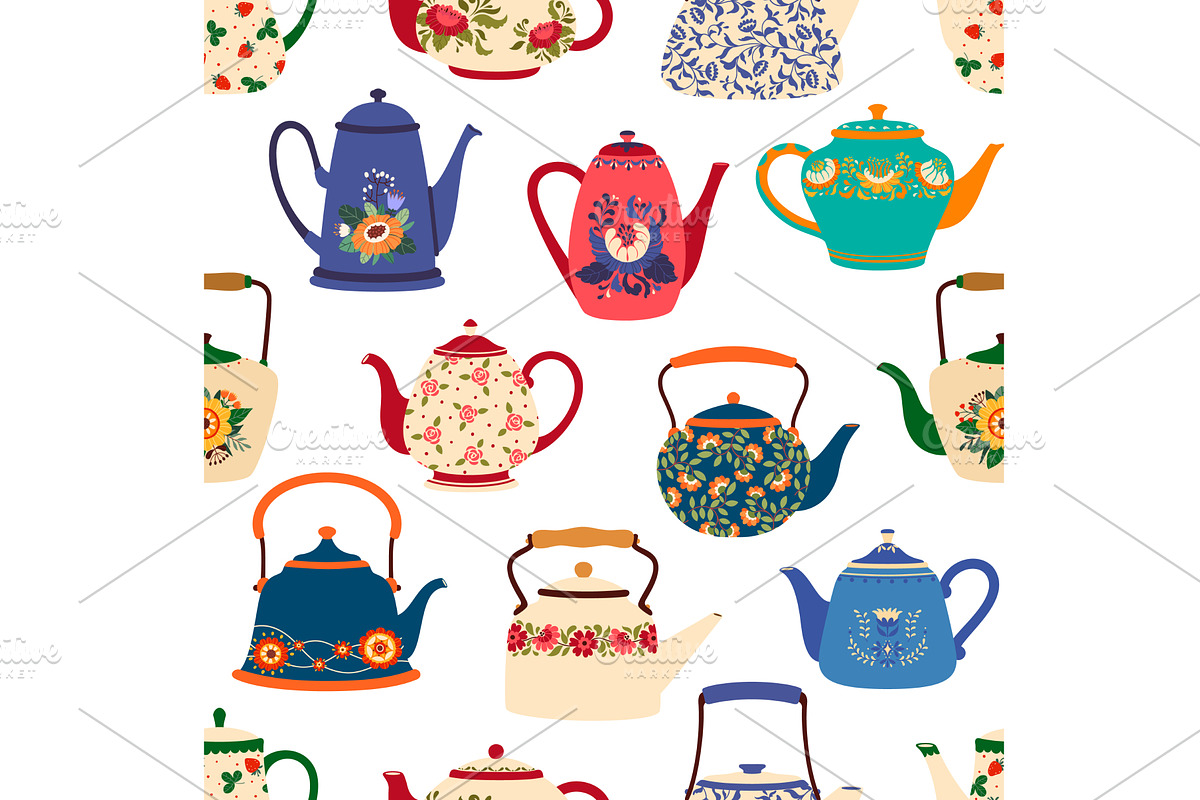 Cartoon ceramic teapots, pattern, an Illustration by Buch&Bee
