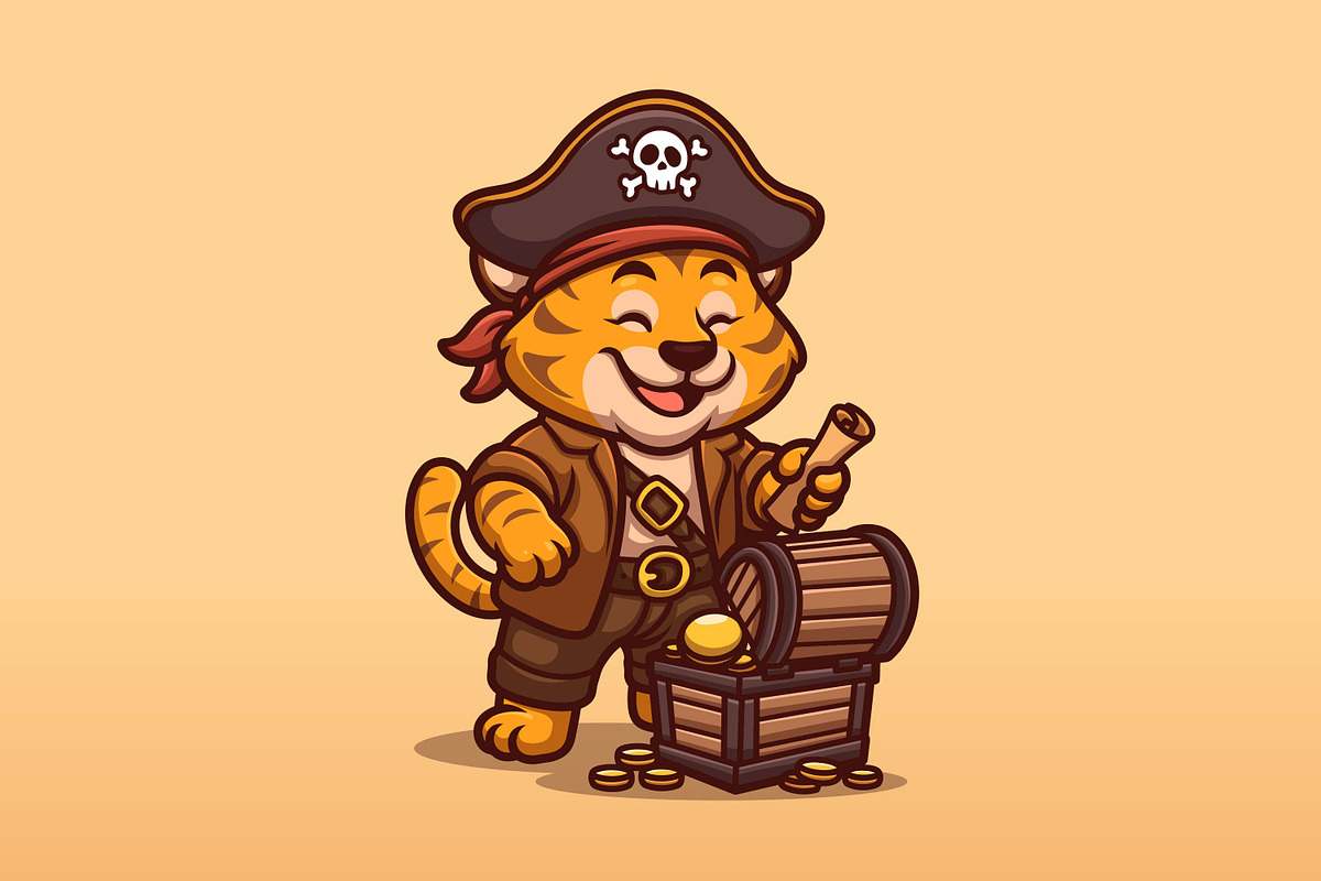 Tiger Pirate Treasure Cute Cartoon C, an Animal Illustration by Gumrega Studio