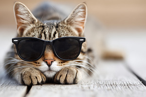 Tabby cat in black sunglasses lies, an Animal Photo by MistyDay