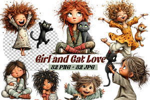 Whimsical Girl and Cat Clipart Set, a Person Illustration by one-touch