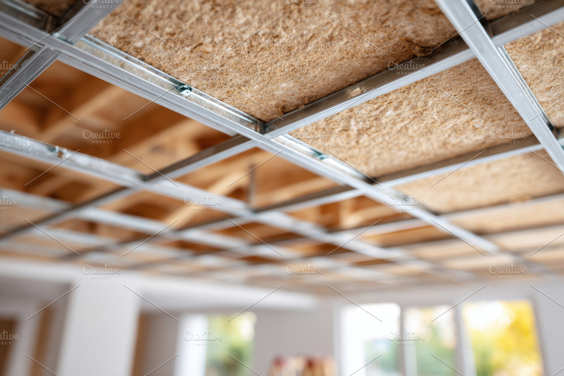 Modern textured ceiling design with metallic grid, an Industrial Photo by AlyaAnd