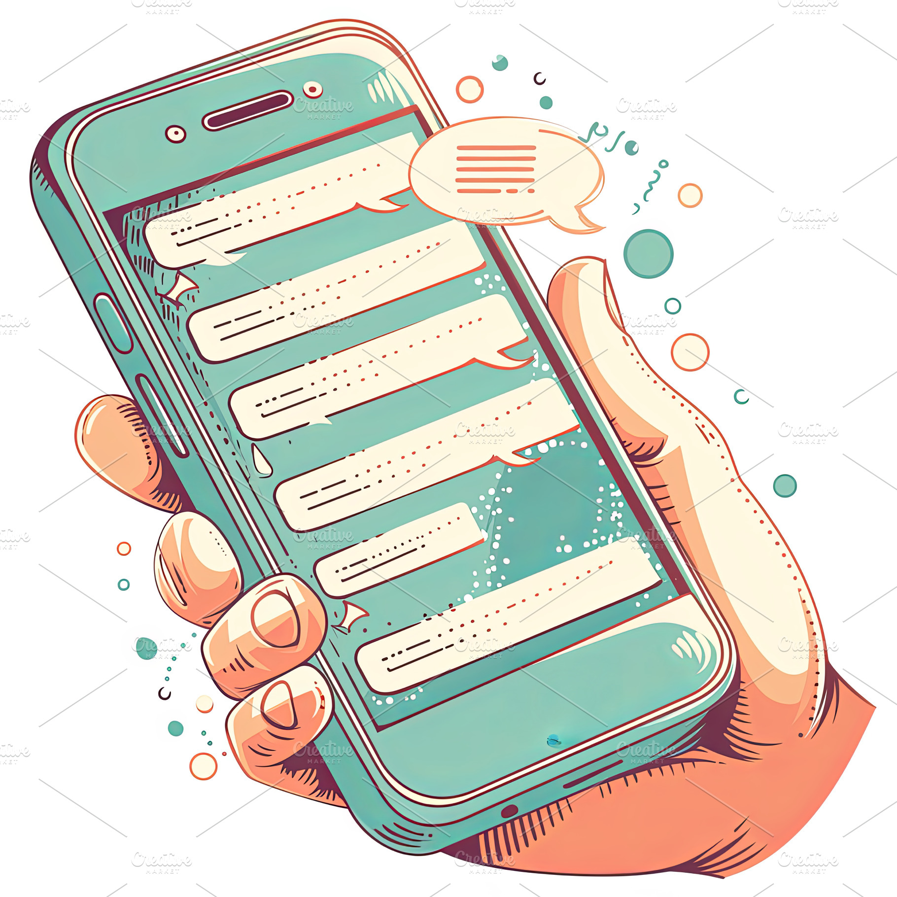 Illustration of a hand holding smartphone with text messages on the screen, a Photo by AS photostudio