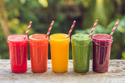 Rainbow from smoothies watermelon papaya mango spinach and dragon fruit, a Food & Drink Photo by Elizaveta Galitskaya