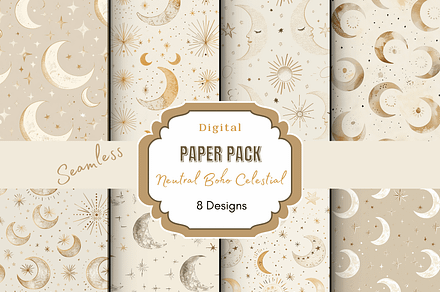 Neutral Boho Celestial Digital Paper, a Pattern Graphic by Paper & Pattern Studio