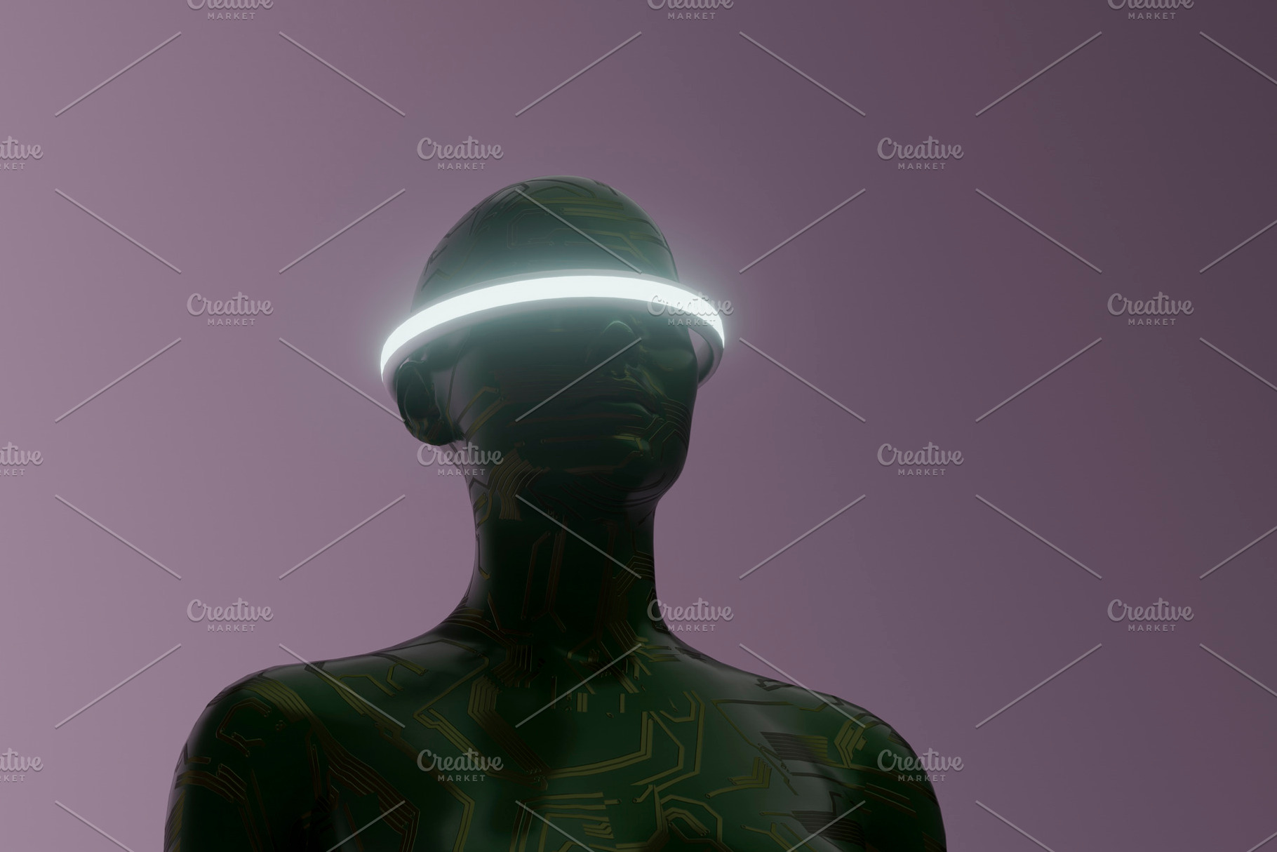 Green circuit humanoid with glowing circular visor, a Technology Photo by RF Images