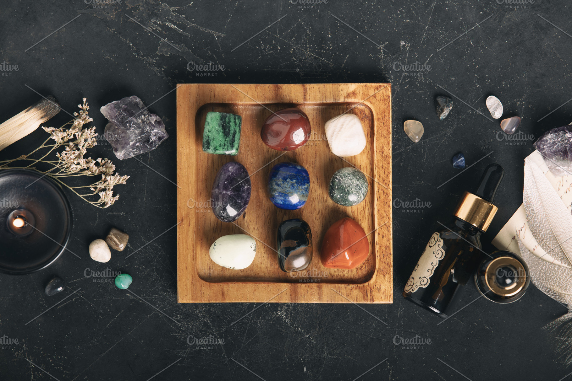 Healing Crystals and Aromatherapy Display on Wooden Tray, an Arts & Entertainment Photo by Natalia Klenova's Shop