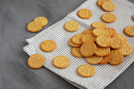 Round Crispy Crackers with Sea Salt on a gray background, side v, a Food & Drink Photo by LiudmylaChuhunova