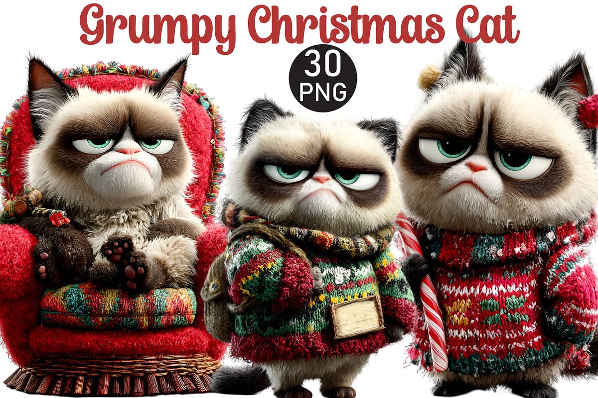 Grumpy Christmas Cat Clipart, an Illustration by Black Bird Studio (Photo 1 of 7)