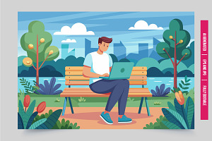 Man bench park laptop by lake, an Illustration by Tanuart