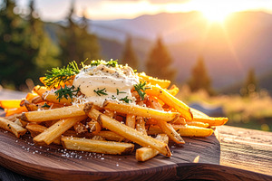Loaded fries with creamy truffle mayo on a rustic wooden table in warm sunset l, a Food & Drink Photo by DutchDigitalDesign