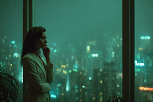 Woman in white suit gazing at rainy, a Photo by Pixeness Studio