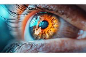 Close-up of a human eye with vibrant, a Technology Illustration by Sergey Kotenev