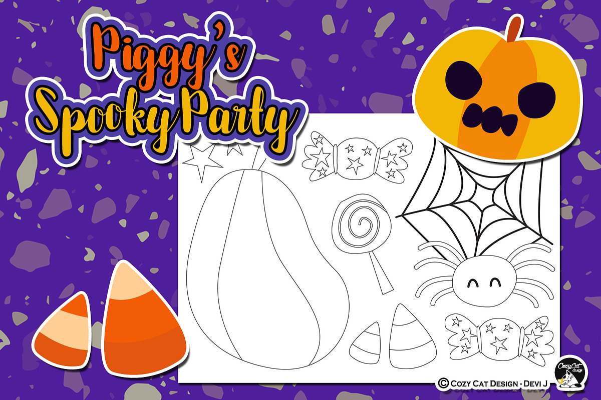 Piggy Spooky Party Coloring Pages, an Education Illustration by Cozy Cat Design (Photo 5 of 7)