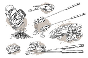 Cheese fondue ink sketch vector set, a Food Illustration by Sabelskaya