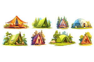 Camping cartoon set. Tourist orange, an Illustration by Stock-Smart-Start
