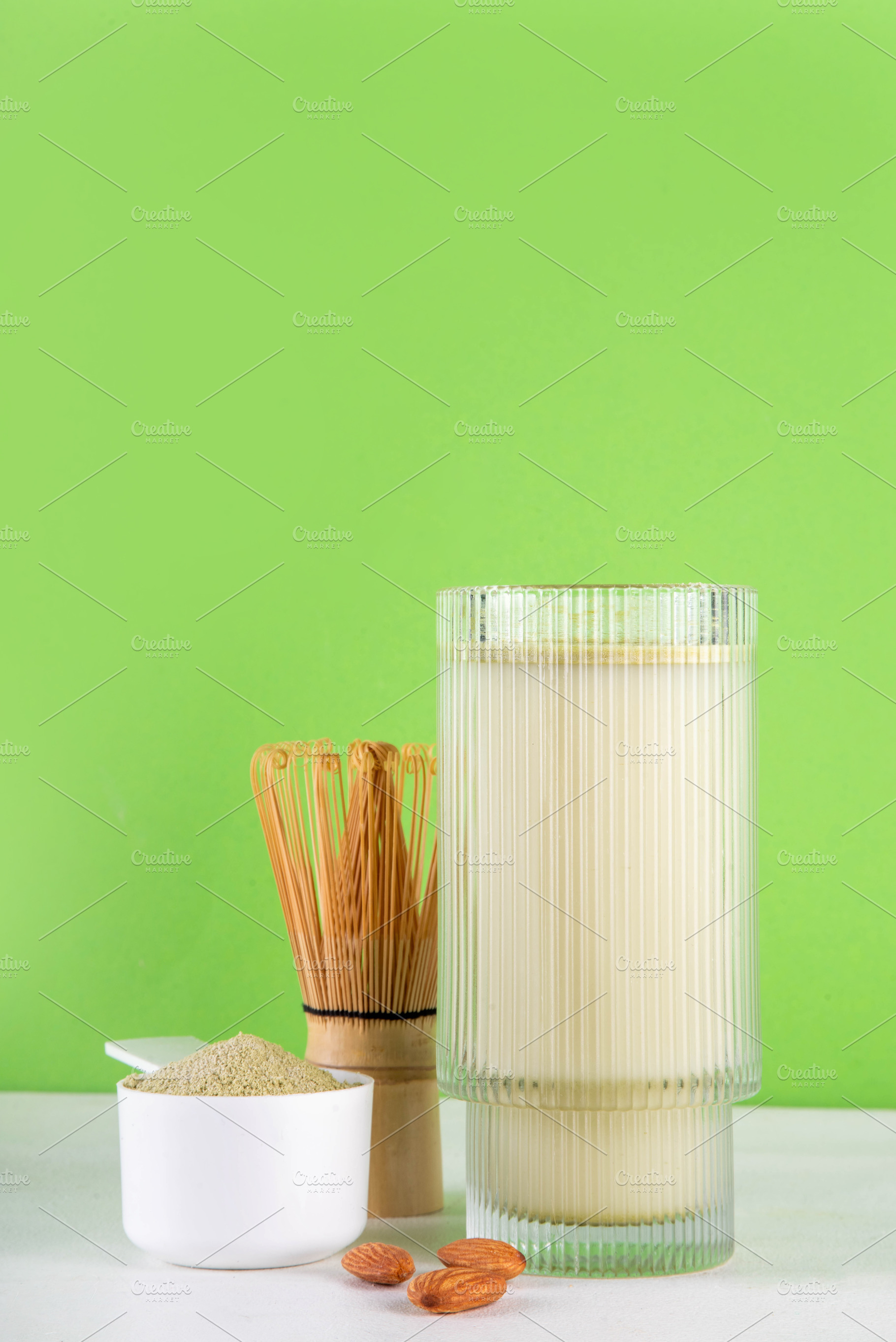 Matcha powder protein drink, vegan matcha tea protein whey shake, a Photo by Rimma