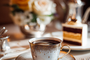 Coffee cup with gold decor and a delicious layered cake slice on, a Photo by Studio ANNA