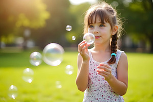 Cute little girl blowing soap bubble, a Photo by LOGOCREATIVE