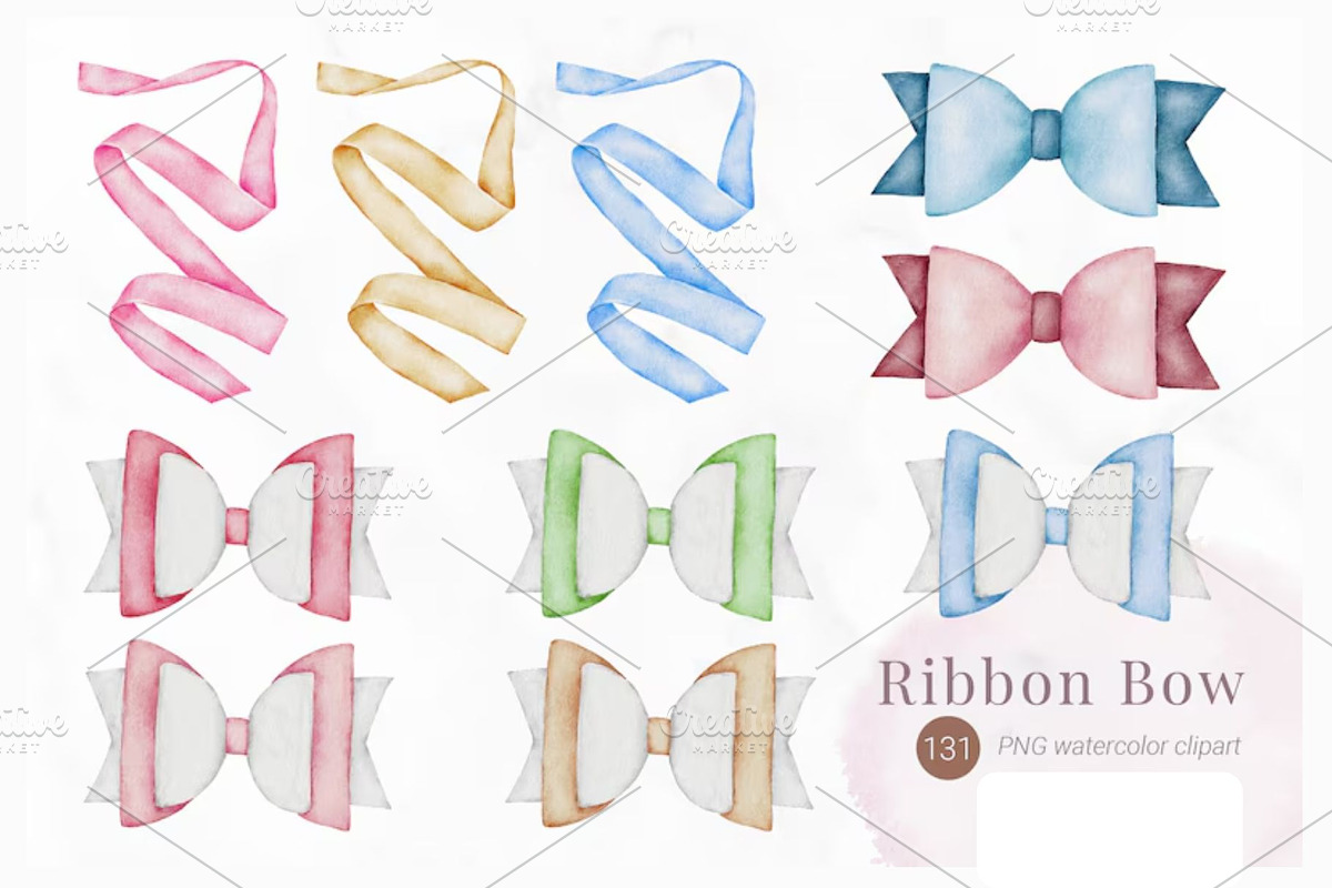 Watercolor Ribbon Bow Bundle, a Decorative Illustration by Stellalunarts (Photo 4 of 7)