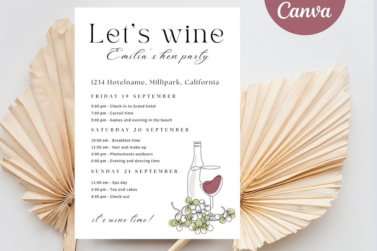 Lets wine Bachelorette schedule plan, an Invitation Template by EvaTemplates (Photo 1 of 4)