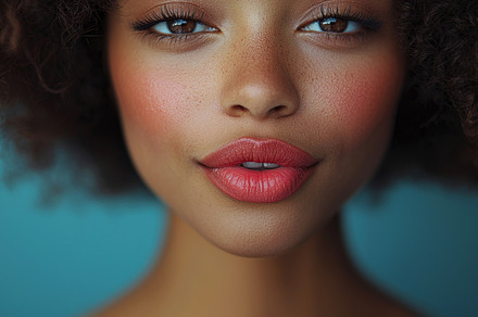 Close-up portrait of a beautiful woman with natural makeup and curly hair, a Photo by AS photostudio