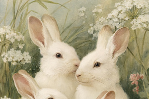 Four white rabbits gathering in a lush green garden among delica, an Illustration by Studio ANNA