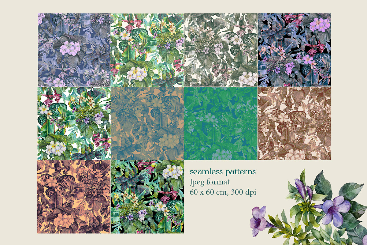 Tropical floral patterns set, a Pattern Graphic by emeraldthue (Photo 10 of 28)