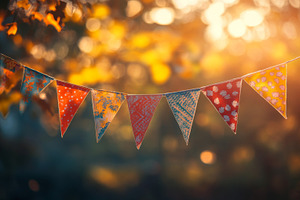 Festive Bunting Flags in Warm Golden Sunlight, an Abstract Photo by Natalia Klenova's Shop