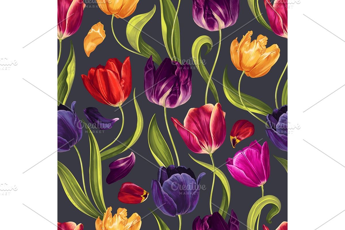 Multicolored Tulips Vector Pattern, a Pattern Graphic by MarynaPetrovska (Photo 2 of 13)