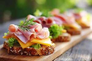 Savory layers of ham sandwiches served on whole grain bread with fresh greens a, a Food & Drink Photo by AlyaAnd