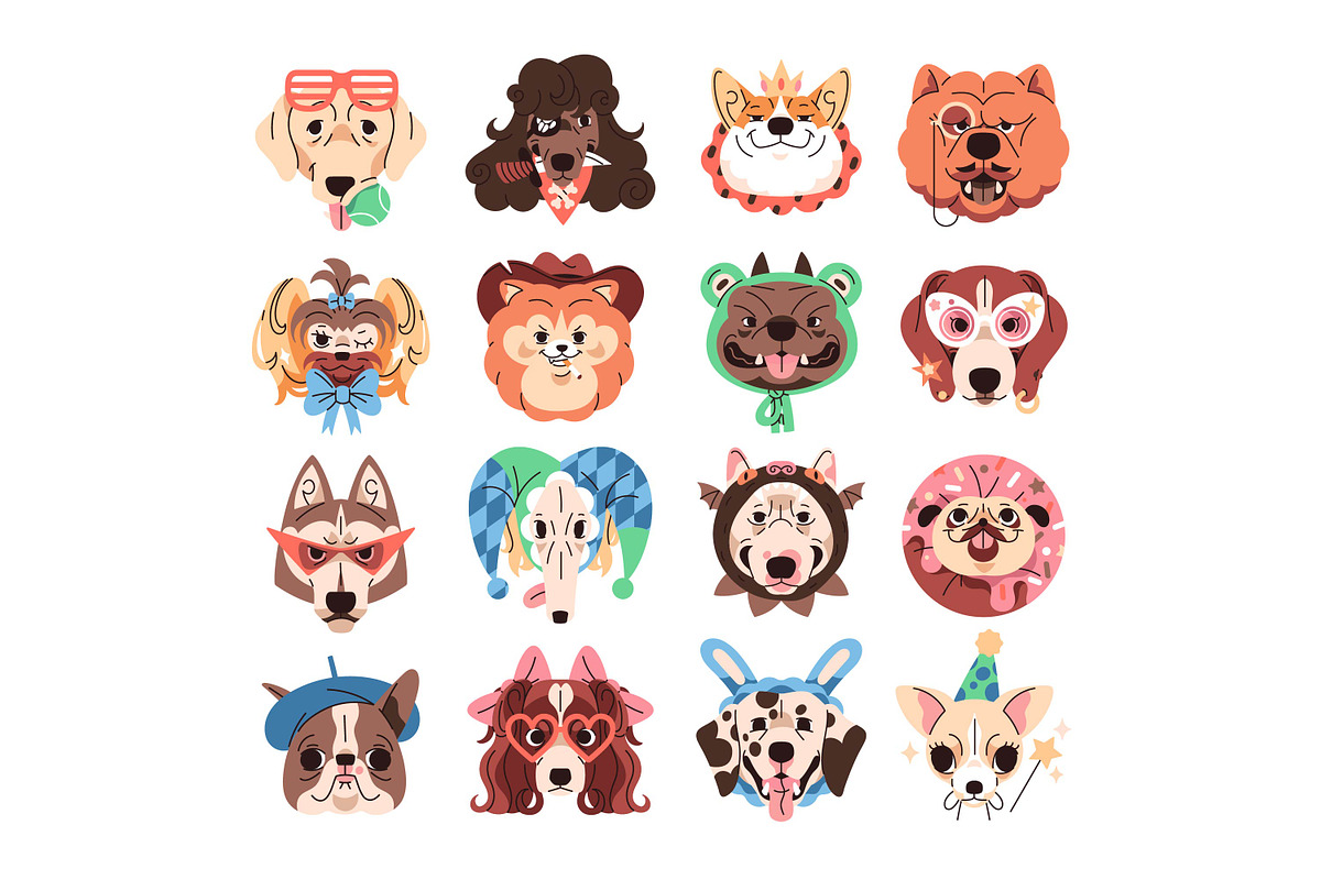 Funny dog avatars set + backgrounds, an Animal Illustration by PaperTrident (Photo 1 of 13)