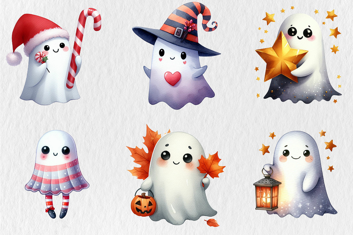 Watercolor Quirky Ghost Clipart, a Seasonal Illustration by Rose Art (Photo 2 of 4)