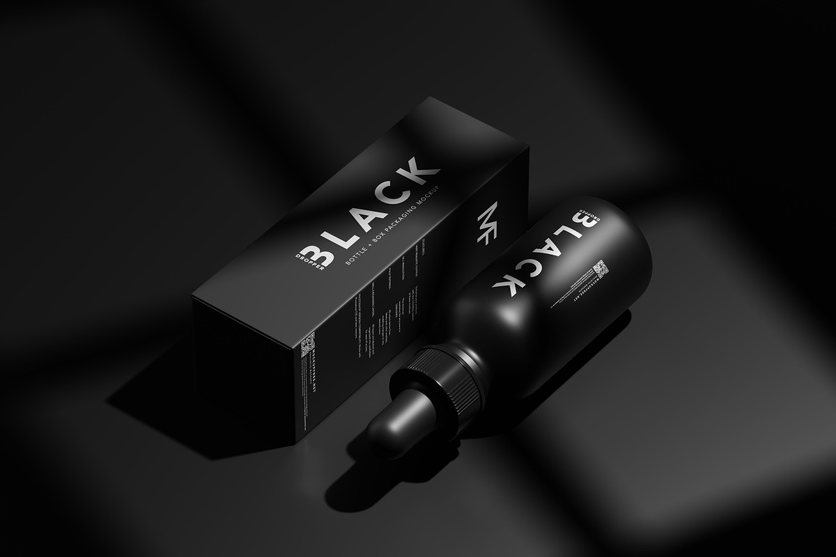Black Dropper Bottle + Box Mockups, a Packaging Mockup by MockupFree.Net (Photo 5 of 10)