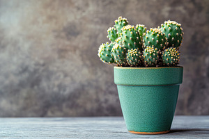Cactus opuntia thriving in a green pot atop a wooden surface with textured back, a Nature Photo by AlyaAnd